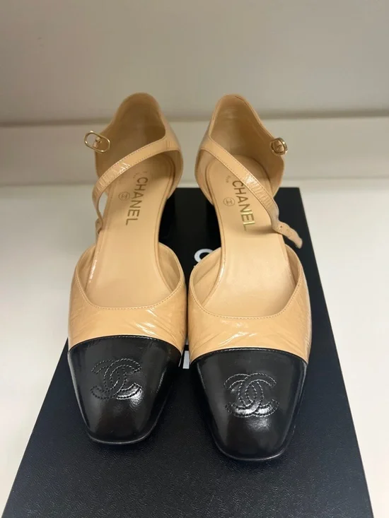 CHANEL Beige and Black Mary Jane Block Heel Pumps - Picture 2 of 5